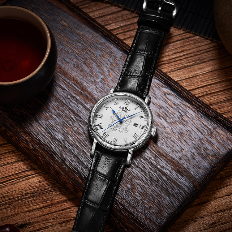 ROBO陆豹手表雅致系列1981文化艺术范儿男士石英手表精钢古典艺术雕花日历防水