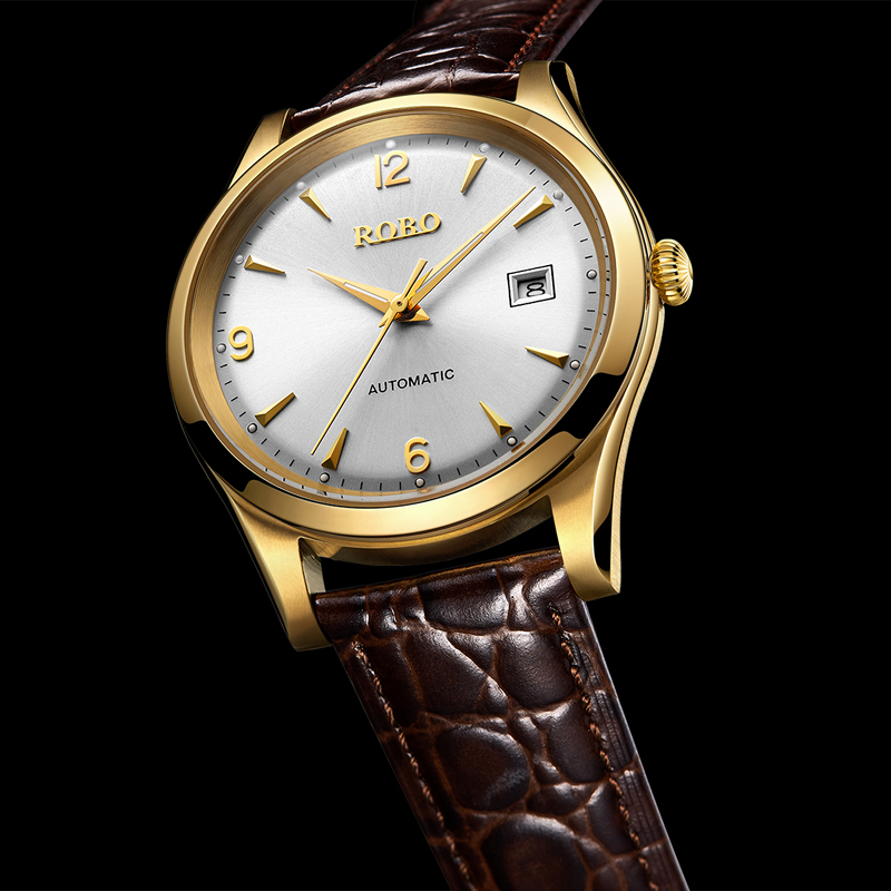 ROBO陆豹手表优雅系列超薄机械男士商务手表超薄经典大气时尚简约日历防水夜光