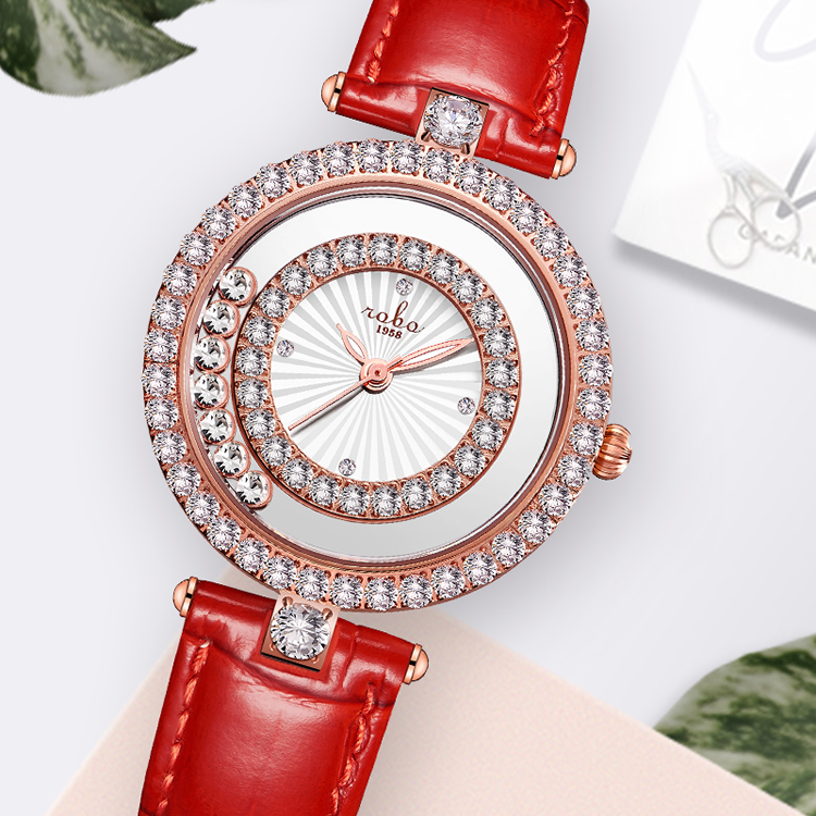 ROBO陆豹手表灵动系列1981快乐钻石女士石英手表镶钻转运钻石可转动